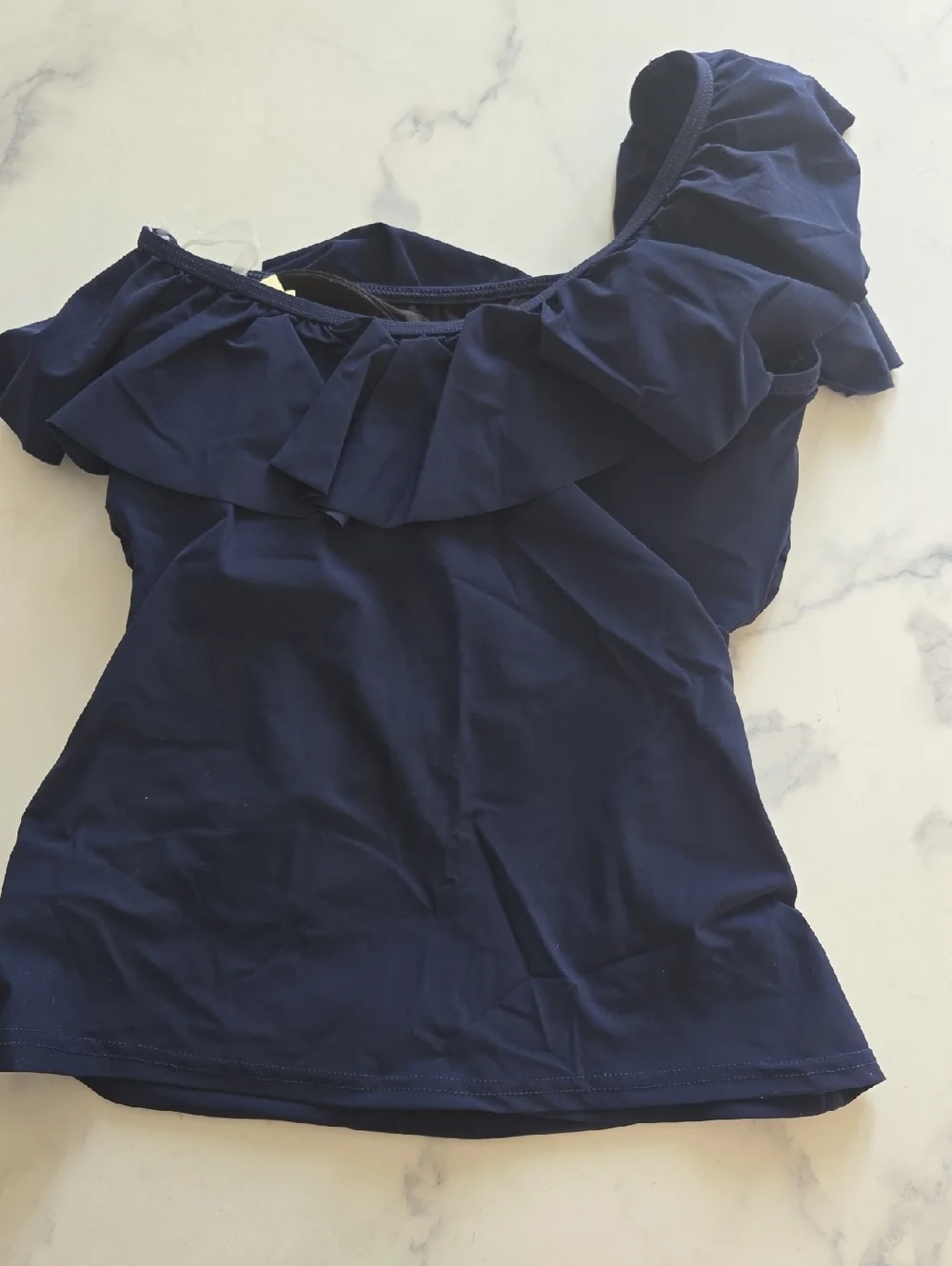 Profile By Gottex Tutti Frutti One Shoulder Ruffle Top Navy Womens Size 10 NWT